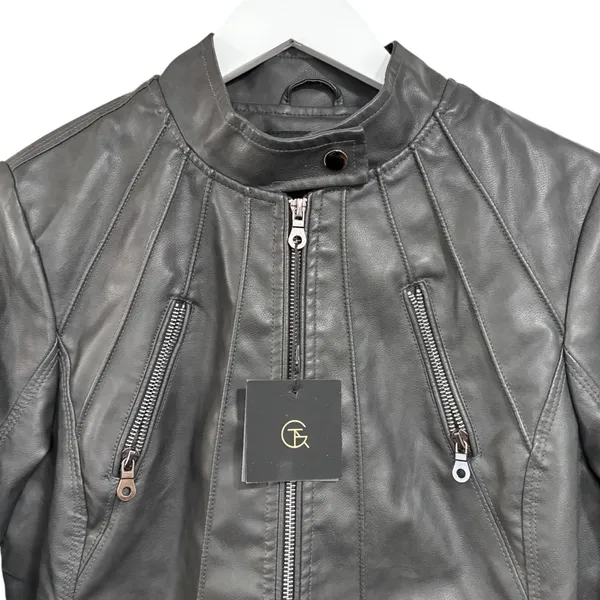 Tagoo Vegan Faux Leather Gray Biker Moto Zip Up Grunge Jacket NWT Large - Image 2