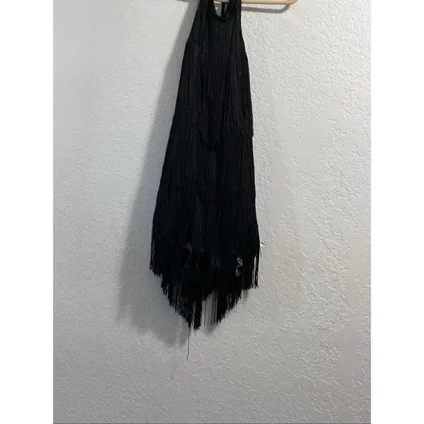 Sz L Black Flapper Dress roaring 20's Latin dancing fringe sexy - Image 2