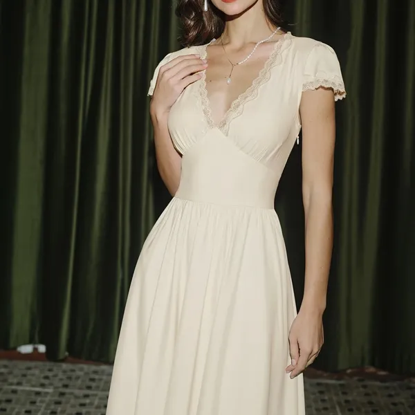 Rihoas Apricot V Neck Lace Maxi Dress - Image 3