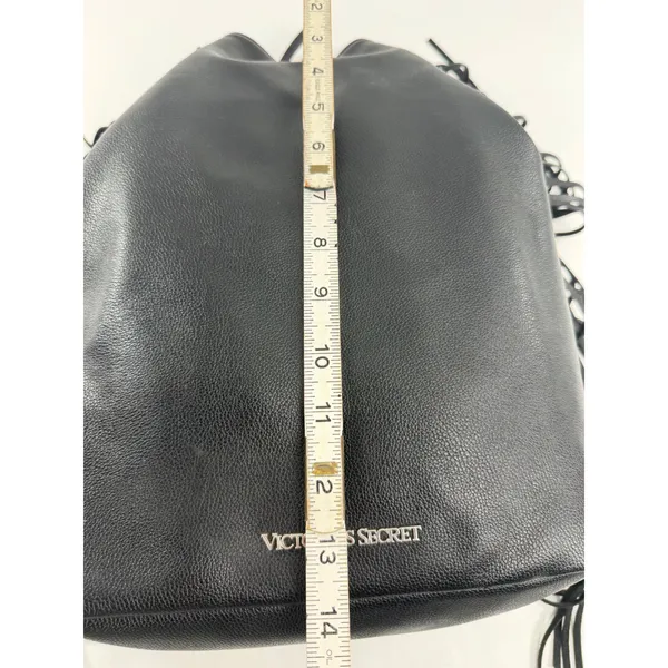 Victoria's Secret Black Pebbled Faux Leather Fringe Drawstring Bucket Bag Silver - Image 6