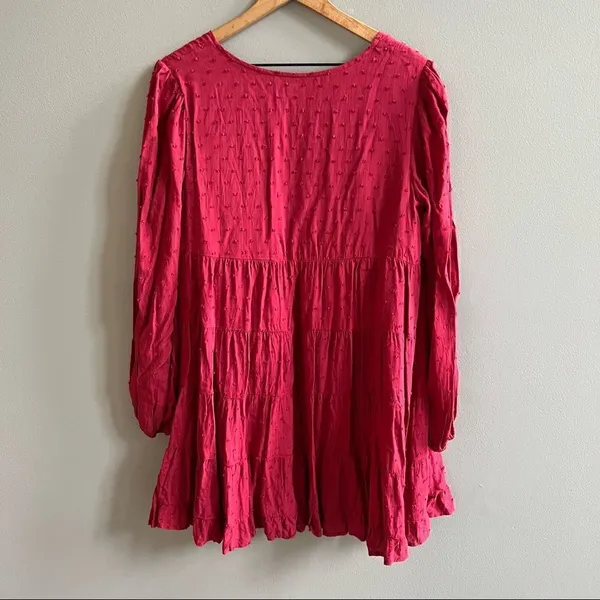 Urban Outfitters Red Wine Long Sleeve Tiered Textured Babydoll Dress Size Medium - Image 4