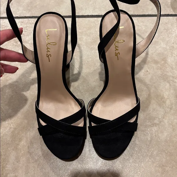 Lulu’s Black Platform Faux Suede Cross Front Sandal Heels - Image 2