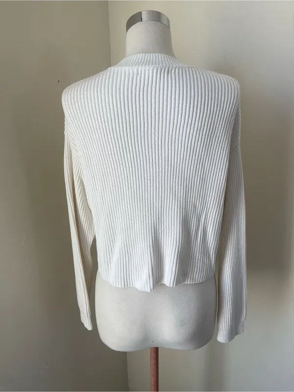 Lulu's White Ribbed Cropped Crewneck Sweater - Image 3