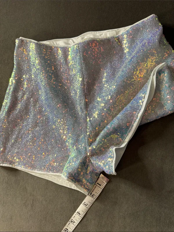 Iridescent Silver Sequin Women’s High-Waist Party Festival Shorts SMALL NWOT - Image 8
