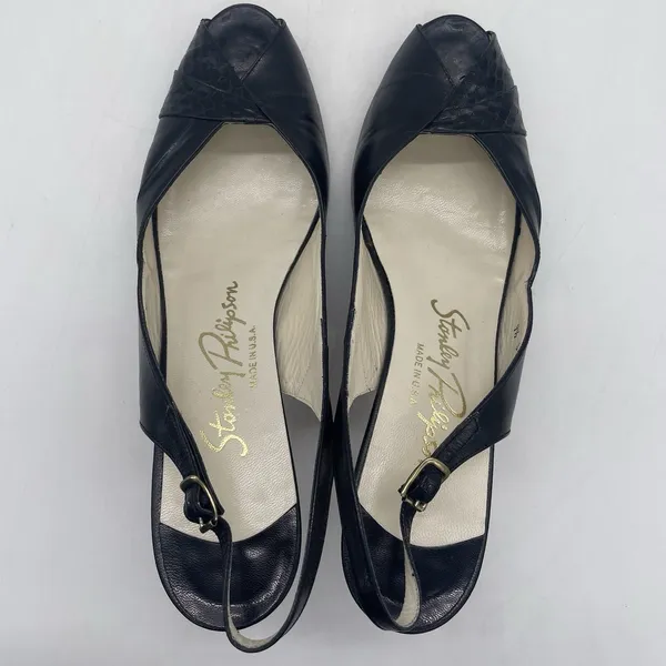 Vtg Stanley Phillipson Womens 9.5 SS‎ Heels Black Leather Slingback Open Toe USA - Image 5