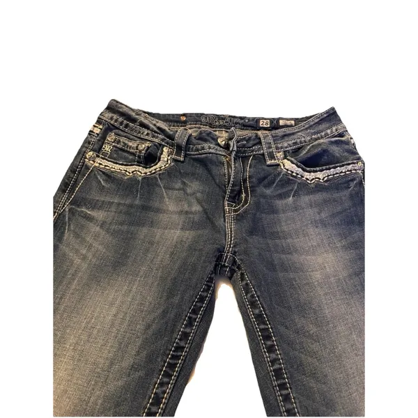 Miss Me Sz 28 STYLE XP 7035B RELAXED Boot Jeans Embellish Dark Blue Distress - Image 2