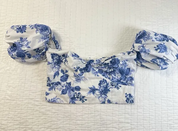 Abercrombie & Fitch Blue Floral Puff Sleeve Crop Top M Cottagecore Coquette - Image 7
