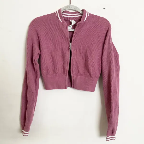 Alo Yoga Tennis Club Sweater Knit Full Zip Jacket Pink Wild Rose/White S - Image 6
