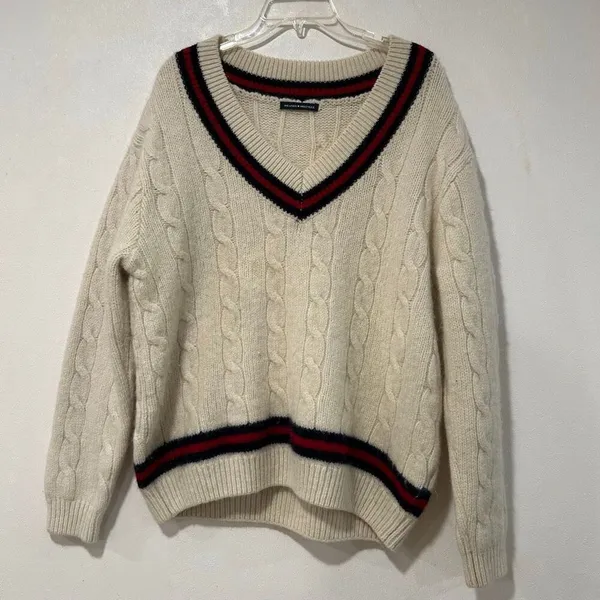 Brandy Melville Cable Knit Varsity V Neck Sweater Cream One Size Preppy - Image 2