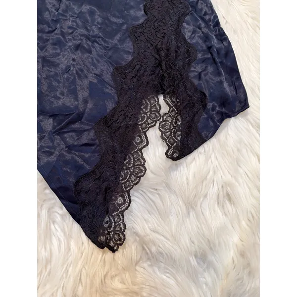 Zara Women's Size XS Satin Mini Skirt with Lace Navy Blue Black Asymmetric Slit - Image 6