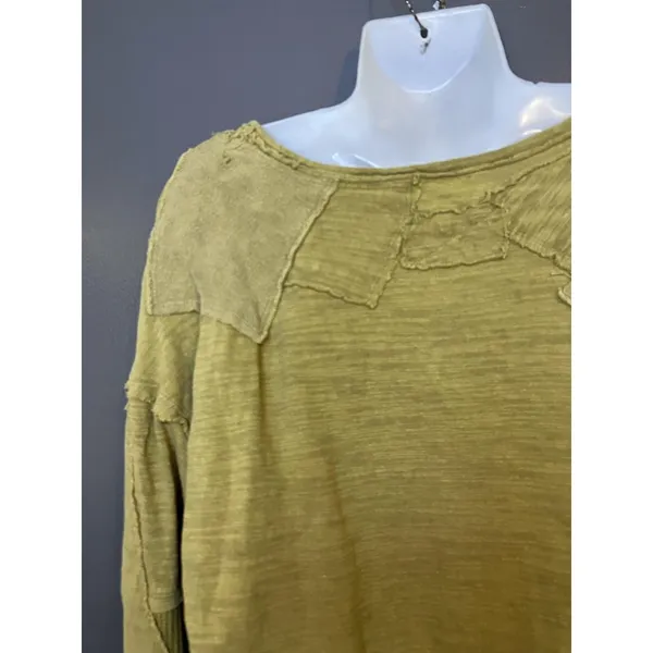 We The Free Shirt Womens Small Green Boat Neck Long Sleeve Cropped Patchwork - Image 7