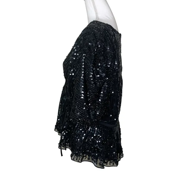 Mac Duggal R5694 Black Sequin Floral Faux Wrap Peplum Top L - Image 5