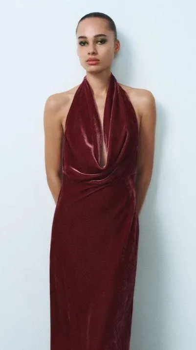 Zara maxi holiday dress velour Velvet Halter in Burgundy wedding party evening - Image 11