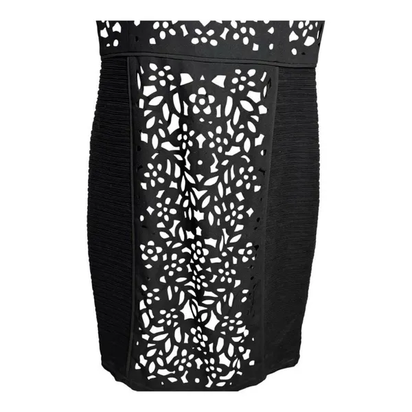 Anthropologie Maeve | Lasercut‎ Basalt Sheath Black Dress Short Sleeve Size 10 - Image 6