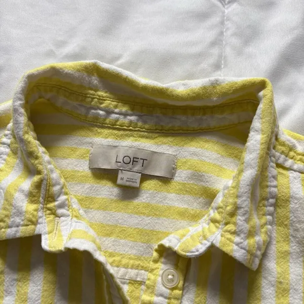 Loft Womens Medium Striped Linen Blend long‎ Sleeve Blouse Button Down Yellow - Image 4