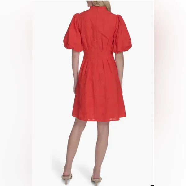 Eliza J Floral Embroidered Puff Sleeve Cotton Fit & Flare Dress in Red 14 - Image 4