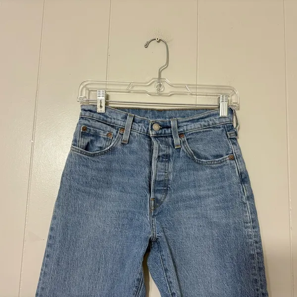 Levi’s 501 Original High Rise Straight Jeans Distressed Raw Hem Blue Women’s 25 - Image 3
