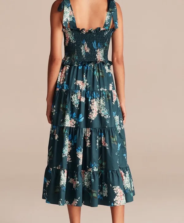 Rebecca Taylor Hydrangea Floral Smocked Tie Shoulder Midi Dress Large Cotton - Image 2