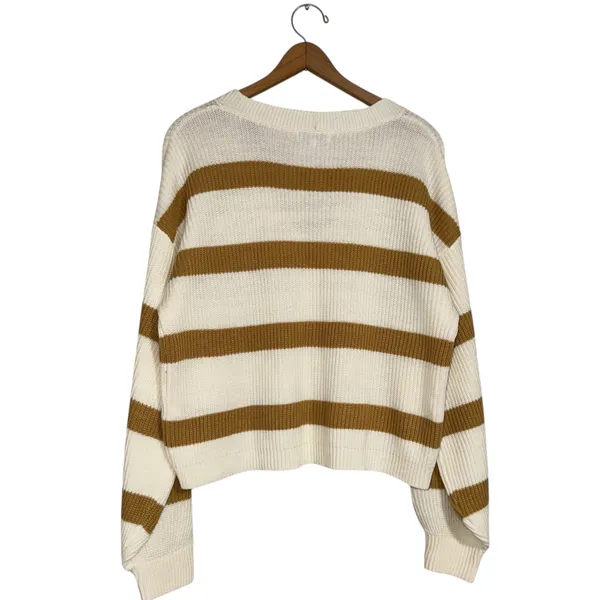 Anthropologie Moon River Cream Brown‎ Stripe Cardigan Sweater Women's Size L - Image 4