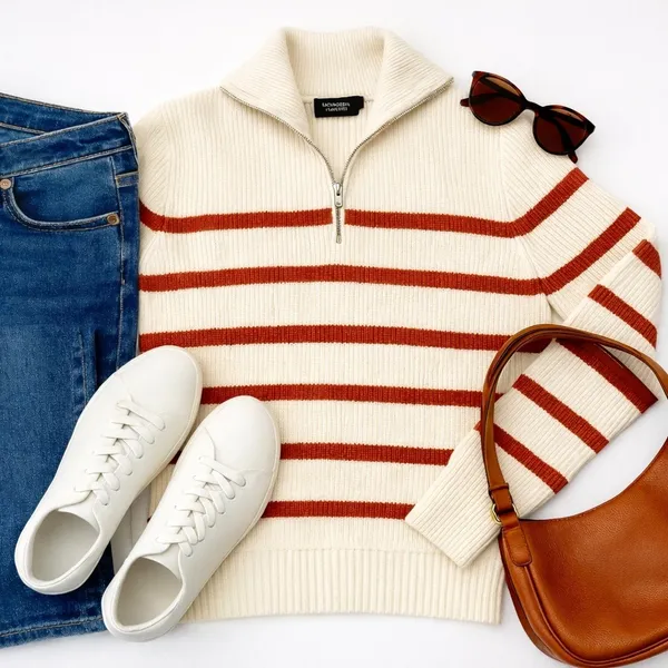 Monoprix Femme Ivory Rust Stripe Ribbed Half Zip Sweater XS French Knit Top Chic - Image 5