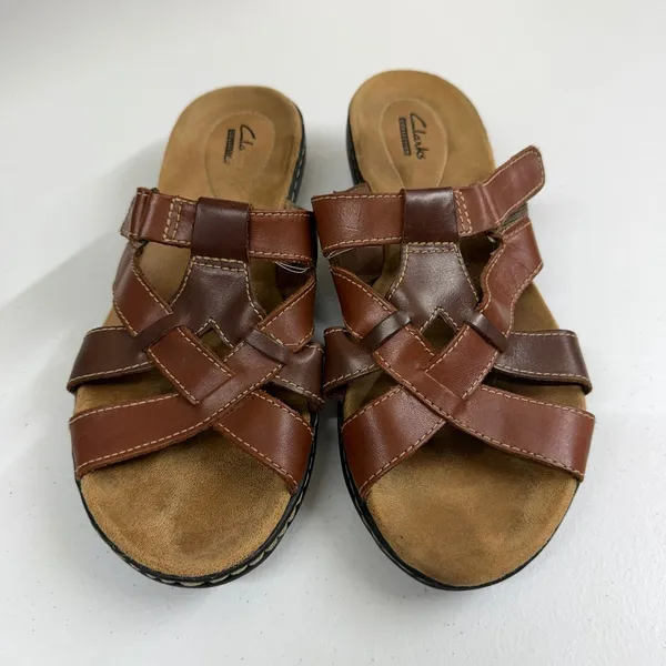 Clarks Collection Brown Leather Strappy Slide Sandals hook and loop summer 9.5 - Image 2