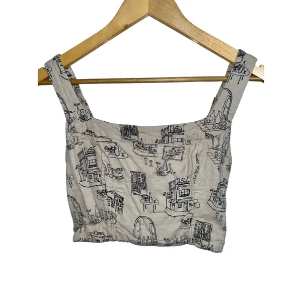 Abercrombie & Fitch Cream Paris Sketch Print Linen Tank Top Crop Top Size Small - Image 2