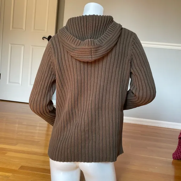 Lauren Ralph Lauren Women’s S Khaki Green Ribbed Hooded Cardigan 100% Cotton - Image 3