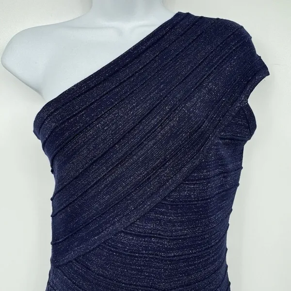 Foreign Exchange One Shoulder Bandage Mini Dress Womens M Navy Shimmer Bodycon - Image 3