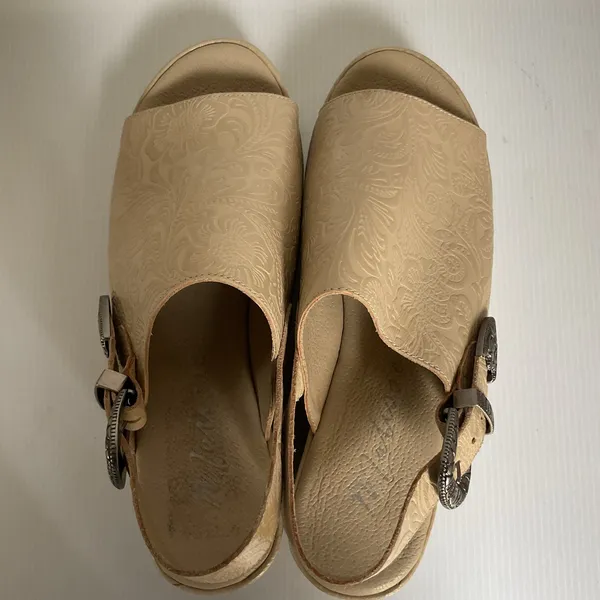 Matisse Embossed Wedge Western Sandals Leather Beige Platform Made in Brazil Sz9 - Image 5