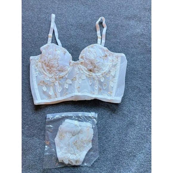 Floral Embroidered Mesh Bustier Set Size 34/75A New Longline‎ Lingerie Thong - Image 2