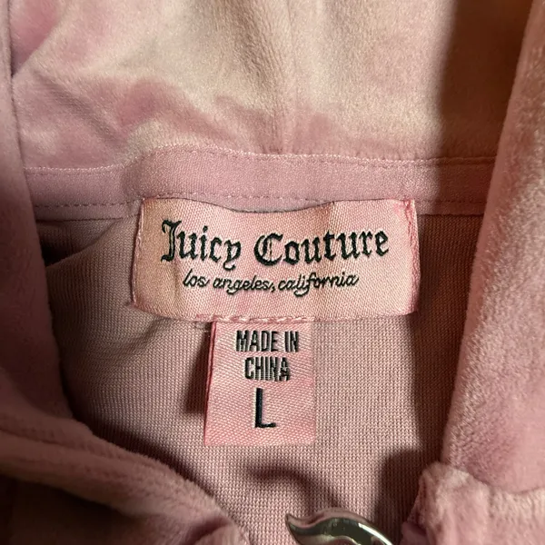 Juicy Couture Pink Velour Rhinestone Logo Zip Up‎ Hoodie Sweatshirt Large Y2K - Image 4