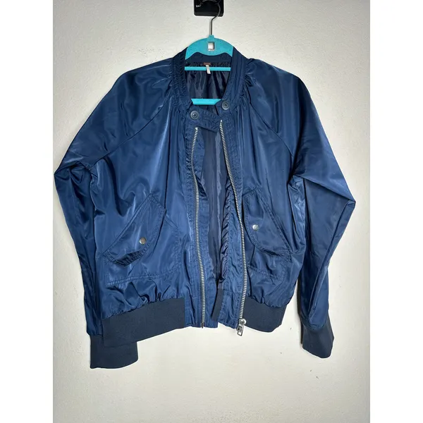 Free People Navy Satin Bomber Jacket M Lightweight - Image 4