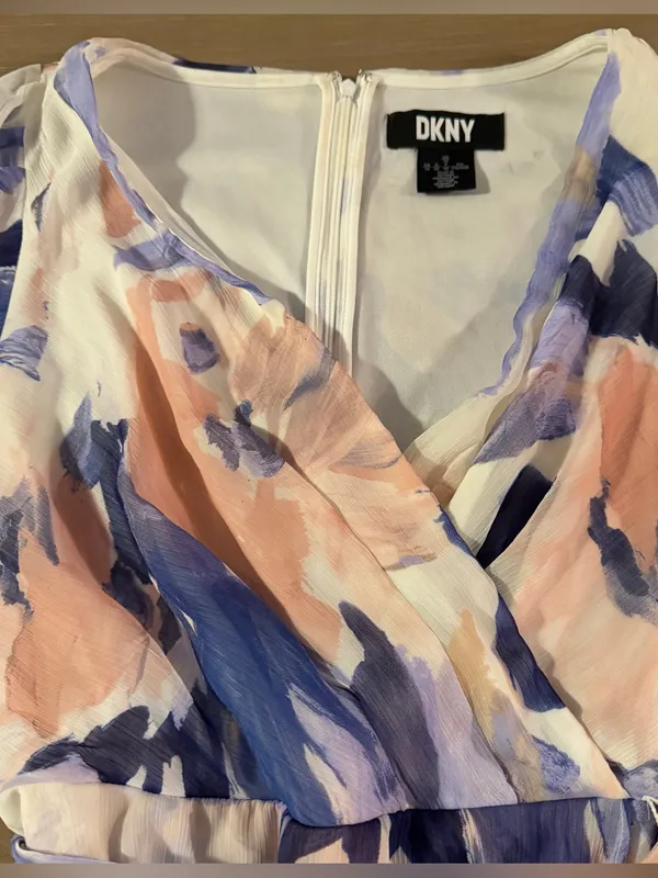 DKNY Lavender & Peach Floral Wrap Midi Dress - Image 4