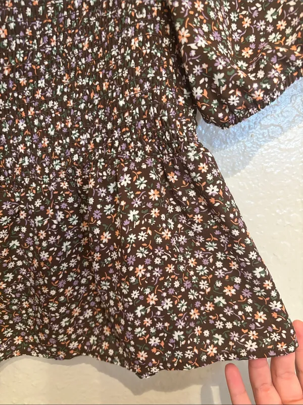 Smocked Square-Neck Brown Floral Peplum Sz L Top Casual Hesperus - Image 5
