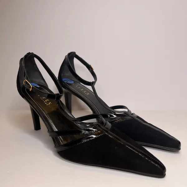 Vintage Y2K Lauren Ralph Lauren Winona Heels 7.5B Black T Strap Pointed Toe - Image 2
