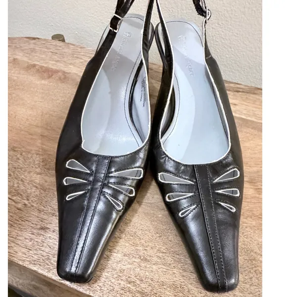 Etienne Aigner Black Leather Laser Cut‎ Slingback Kitten Heels 7.5 - Image 2