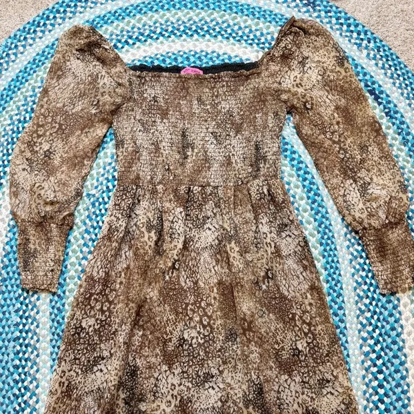 Betsey Johnson Peasant Tiered Midi Dress Large Smocked Puff Sleeve Animal Print - Image 2
