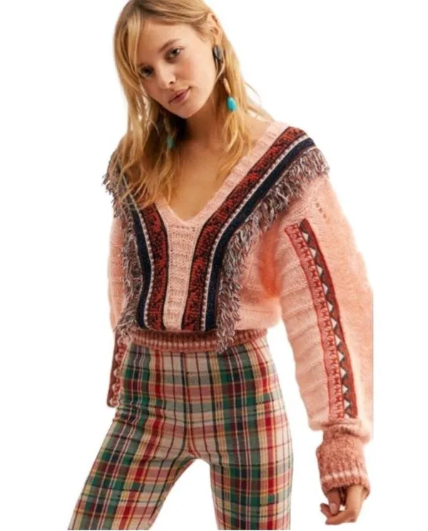 Free People Passion Fruit Peach Fringe Sweater Alpaca Wool Large Boho - Image 3