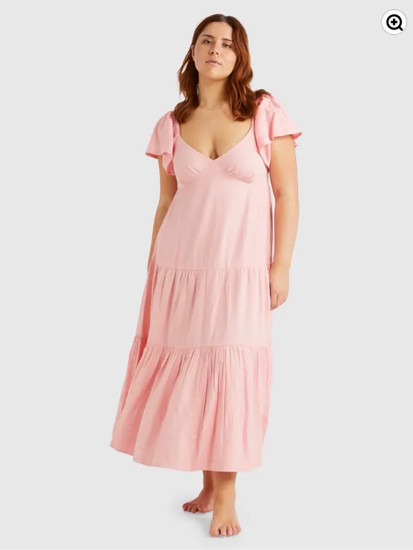 Billabong Last Light Dress Pink Size Large Flutter Sleeve Midi Boho - Image 2