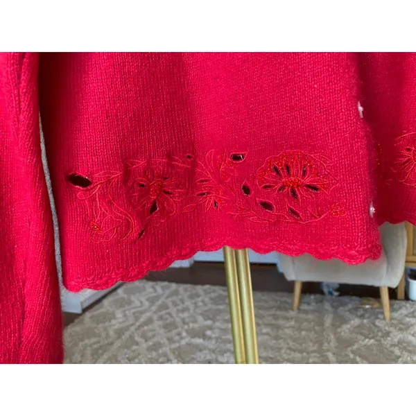 Vintage Angora Rabbit‎ Hair Cardigan Red Embroidered Max & Lily Cottagecore Boho - Image 4