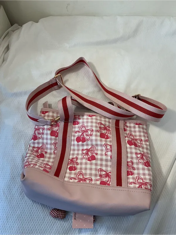 Pink Cherry Plaid Shoulder Bag with Red Accent Straps - Image 3