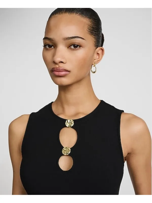Express Black Ribbed Cutout Tank Top with Gold Buttons XL - Image 2