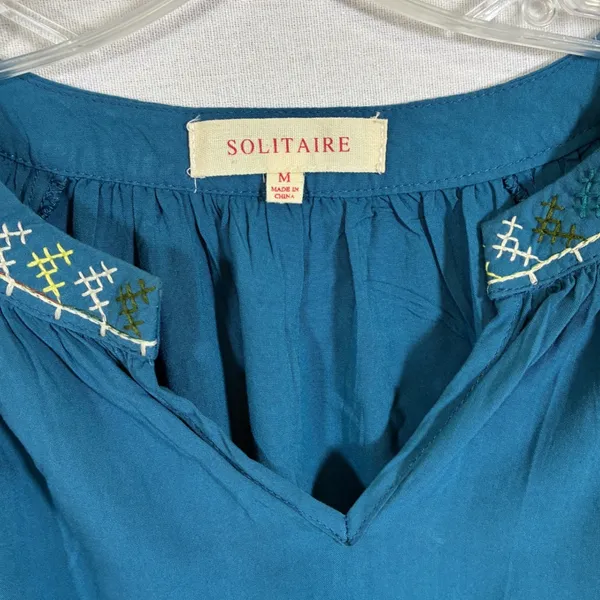 Solitaire Womens M Teal Blue Embroidered Puff Sleeve Boho Peasant Blouse - Image 5