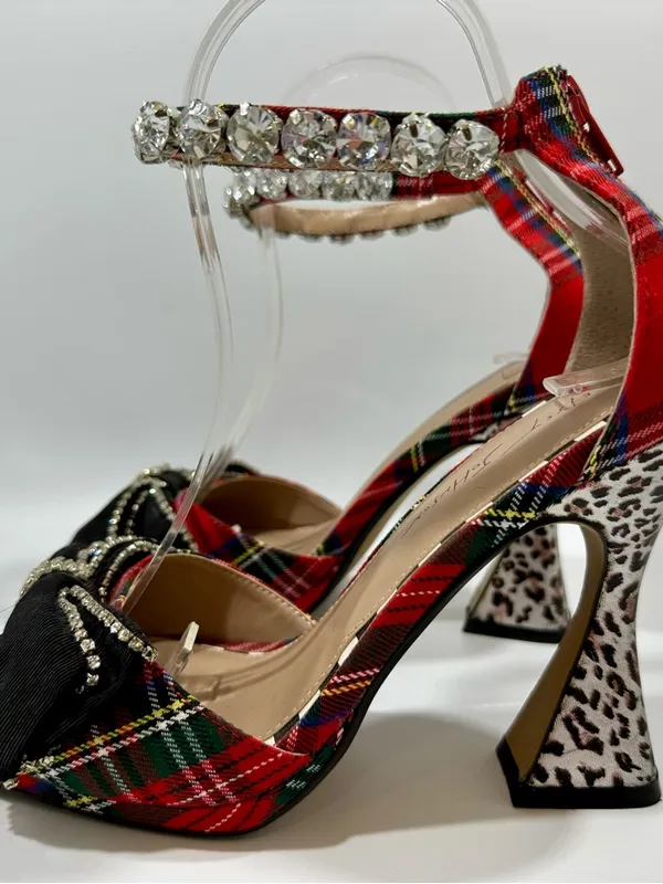 Betsey Johnson Guliana Red Plaid Black Bow Animal Print Heels Sz 8 Crystals Glam - Image 3