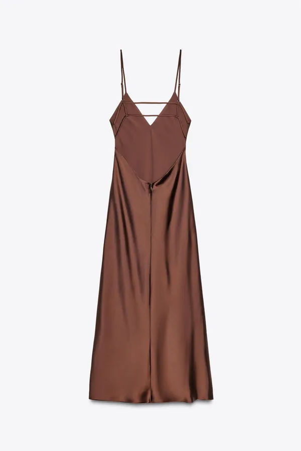 Zara Satin Slip Maxi Dress in Deep Brown Evening Wedding Party - Image 15
