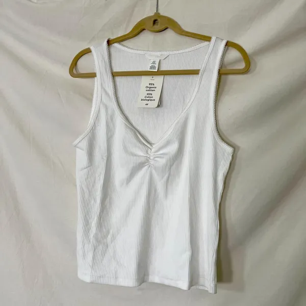 H&M White Ribbed Ruched Tank Top Organic Cotton US XL - Image 3