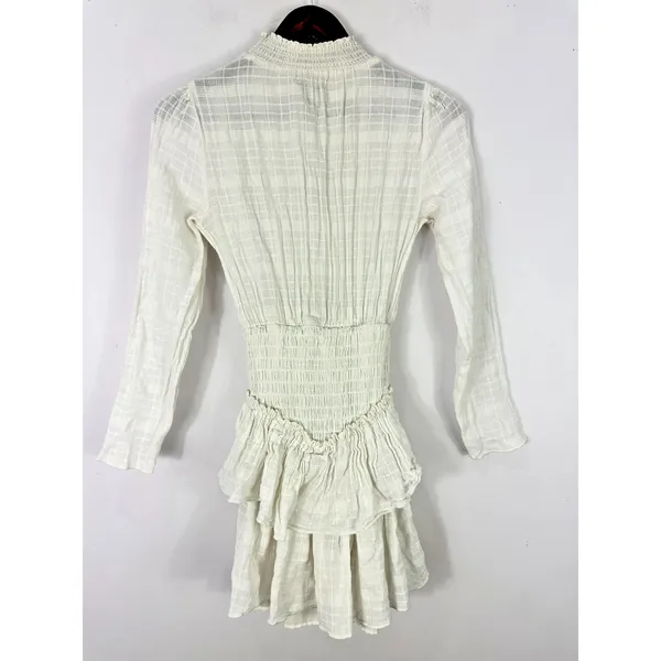 ASOS‎ White Cotton Smocked Mini Dress 4 Long Sleeve Tiered Ruffle Boho Cottage - Image 3