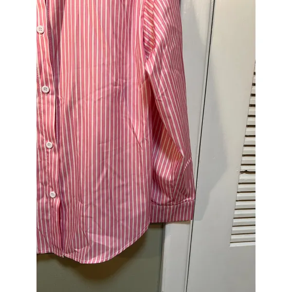 Womens Sz Medium Button Down Shirt Pink White Stripes Satin Long Sleeve Collared - Image 4