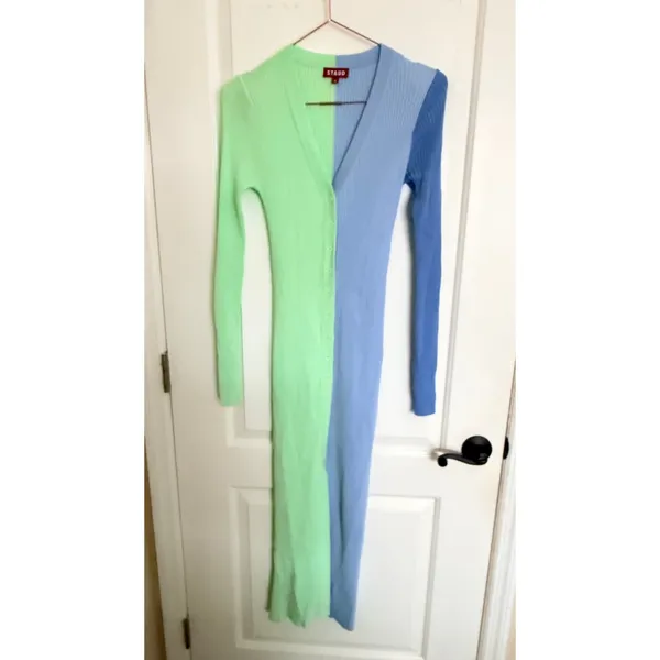 STAUD Sweater Dress Womens Shoko Size M Green Blue Ribbed Knit‎ Colorblock Midi - Image 6