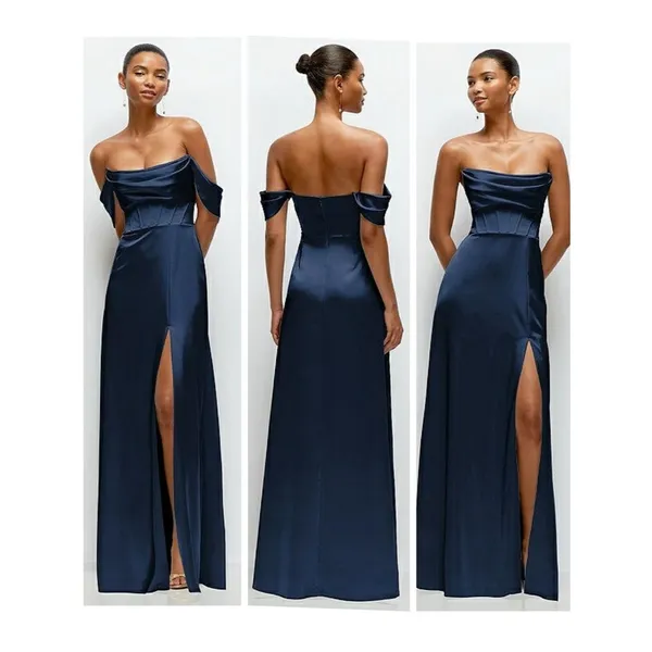 After Six A-Line Satin Maxi Dress Midnight Navy Size 2 Off Shoulder Strapless - Image 2
